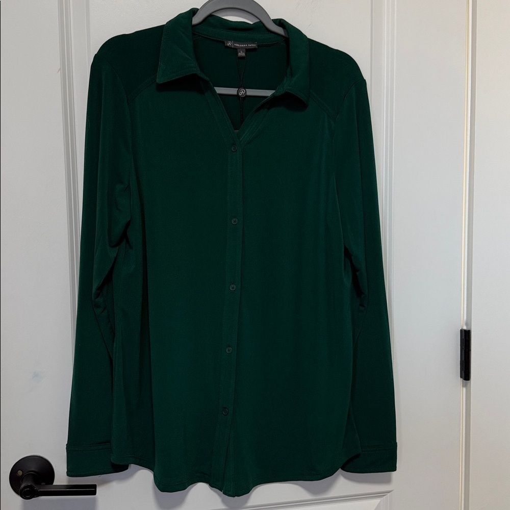 NWT Adrianna Papell Women’s Knit button front V-Neck Emerald Green size Large